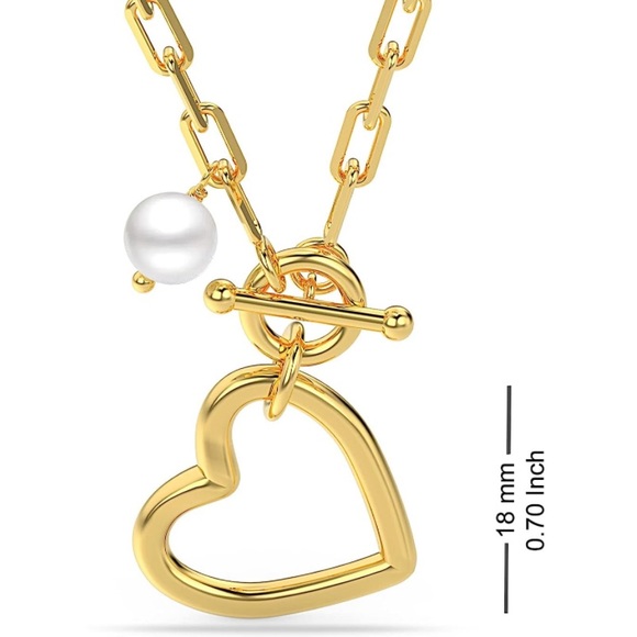 14k Yellow Gold Pearl Heart Paper Clip Chain Necklace - Picture 3 of 4